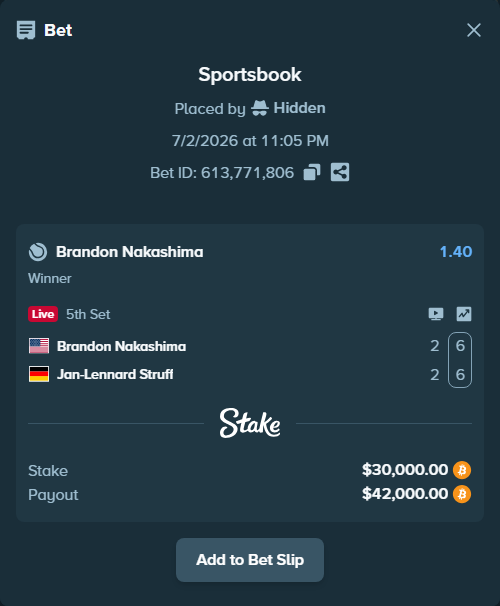 Bet slip: Brandon Nakashima - Jan-Lennard Struff, $30,528.19 stake at 1.40 odds, placed by Hidden
