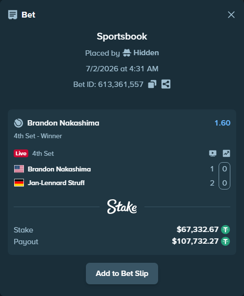 Bet slip: Brandon Nakashima - Jan-Lennard Struff, $67,400.00 stake at 1.60 odds, placed by Hidden