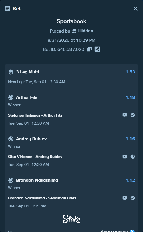 Bet slip: Brandon Nakashima - Sebastian Baez, $100,000.00 stake at 1.12 odds, placed by Hidden