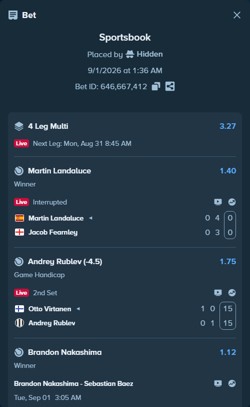 Bet slip: Brandon Nakashima - Sebastian Baez, $24,108.71 stake at 1.12 odds, placed by Hidden