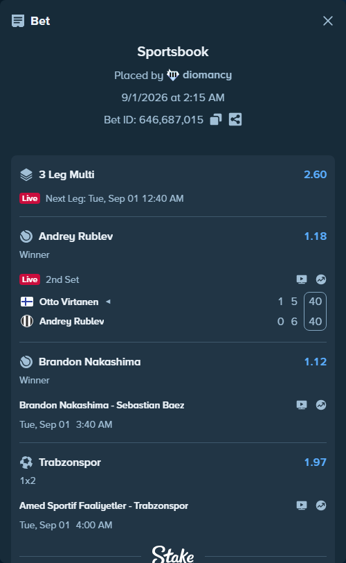 Bet slip: Brandon Nakashima - Sebastian Baez, $30,000.00 stake at 1.12 odds, placed by diomancy