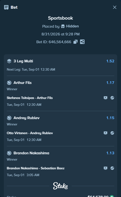 Bet slip: Brandon Nakashima - Sebastian Baez, $64,678.00 stake at 1.13 odds, placed by Hidden