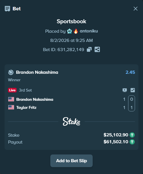 Bet slip: Brandon Nakashima - Taylor Fritz, $25,128.00 stake at 2.45 odds, placed by antoniku