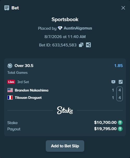 Bet slip: Brandon Nakashima - Titouan Droguet, $10,710.70 stake at 1.85 odds, placed by AustinAlgamus
