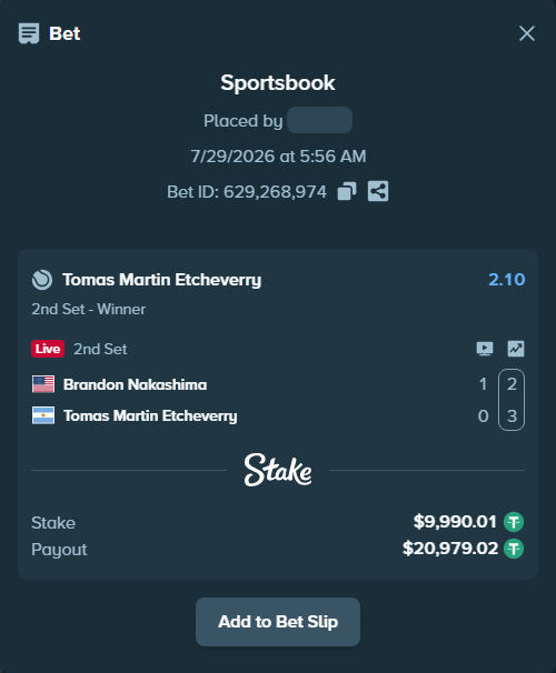 Bet slip: Brandon Nakashima - Tomas Martin Etcheverry, $10,000.00 stake at 2.10 odds, placed by WinTr10