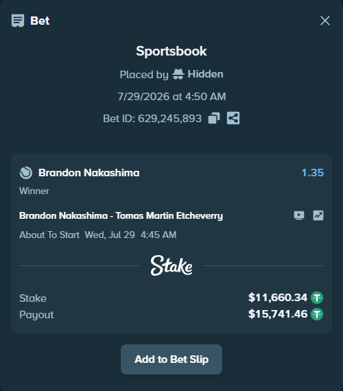 Bet slip: Brandon Nakashima - Tomas Martin Etcheverry, $11,672.00 stake at 1.35 odds, placed by Hidden