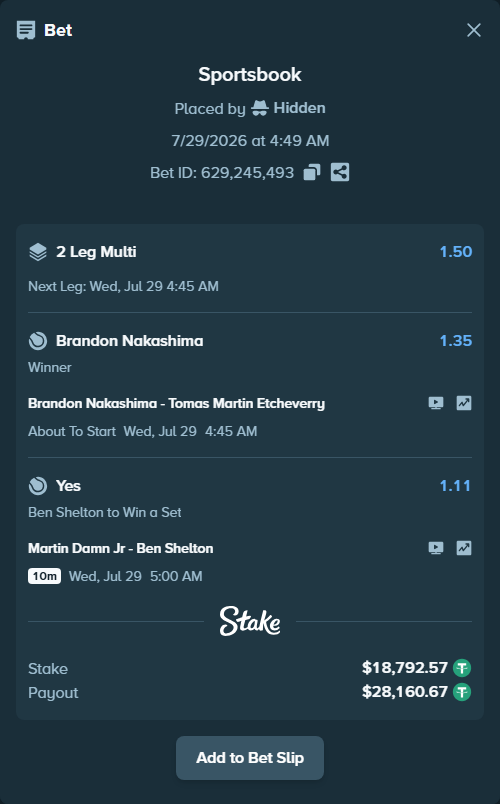 Bet slip: Brandon Nakashima - Tomas Martin Etcheverry, $18,811.37 stake at 1.35 odds, placed by Hidden