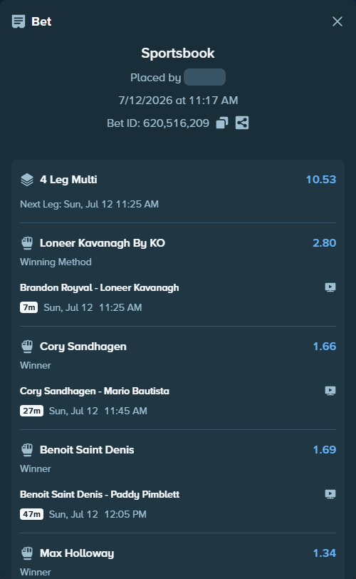 Bet slip: Brandon Royval - Loneer Kavanagh, $10,000.00 stake at 2.80 odds, placed by FencerGG