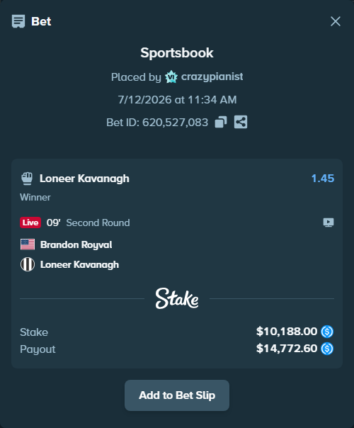 Bet slip: Brandon Royval - Loneer Kavanagh, $10,188.00 stake at 1.45 odds, placed by crazypianist