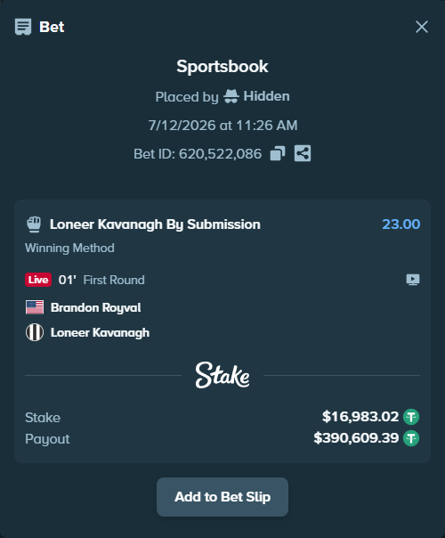 Bet slip: Brandon Royval - Loneer Kavanagh, $17,000.00 stake at 23.00 odds, placed by Hidden