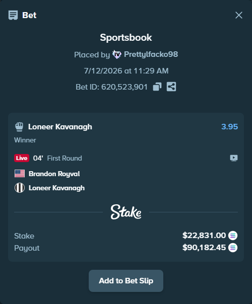 Bet slip: Brandon Royval - Loneer Kavanagh, $21,635.04 stake at 3.95 odds, placed by Prettylfacko98
