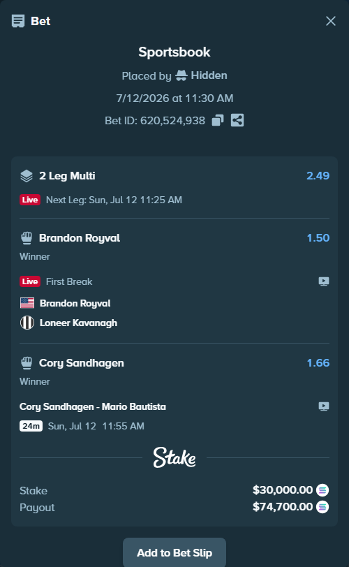 Bet slip: Brandon Royval - Loneer Kavanagh, $28,384.90 stake at 1.50 odds, placed by Hidden