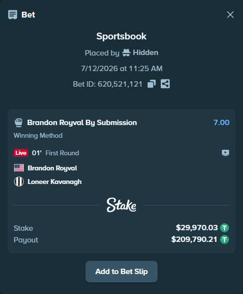 Bet slip: Brandon Royval - Loneer Kavanagh, $30,000.00 stake at 7.00 odds, placed by Hidden