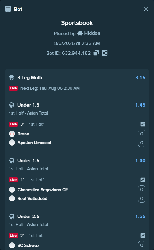 Bet slip: Brann - Apollon Limassol, $13,305.54 stake at 1.45 odds, placed by Hidden