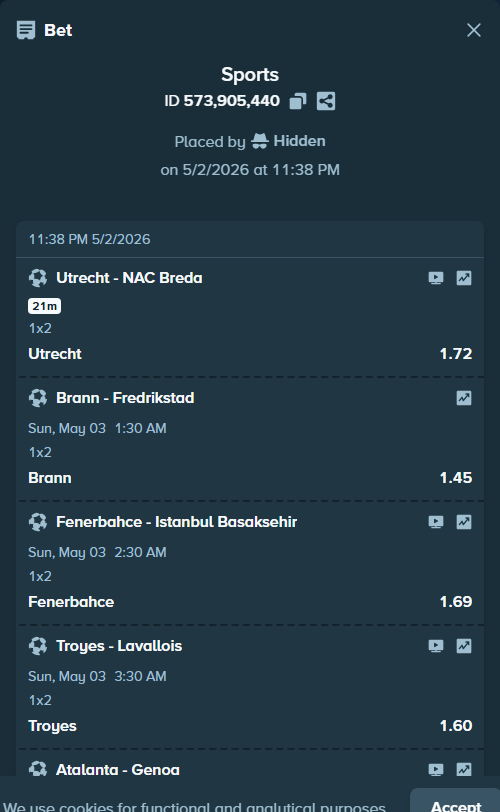 Bet slip: Brann - Fredrikstad, $15,624.36 stake at 1.45 odds, placed by Hidden