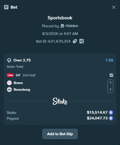 Bet slip: Brann - Rosenborg, $15,811.99 stake at 1.55 odds, placed by Hidden