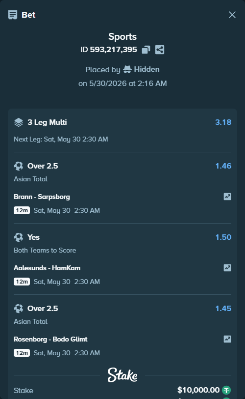 Bet slip: Brann - Sarpsborg, $10,010.00 stake at 1.46 odds, placed by Hidden