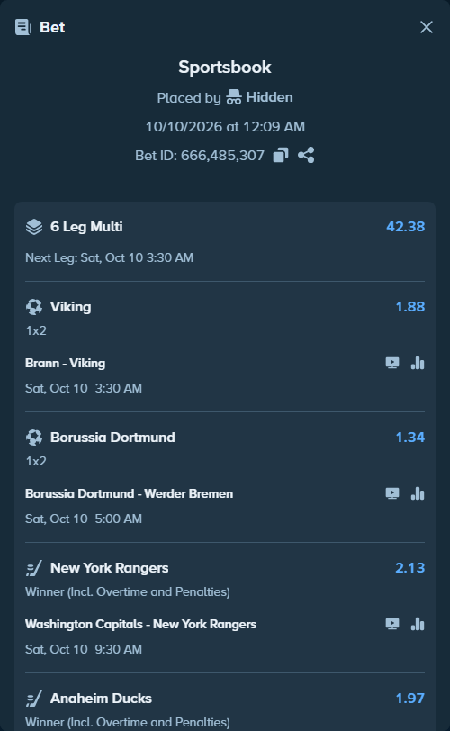 Bet slip: Brann - Viking, $40,000.00 stake at 1.88 odds, placed by Hidden