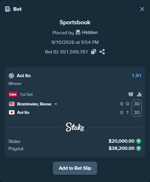 Bet slip: Brantmeier, Reese - Aoi Ito, $20,000.00 stake at 1.91 odds, placed by Hidden