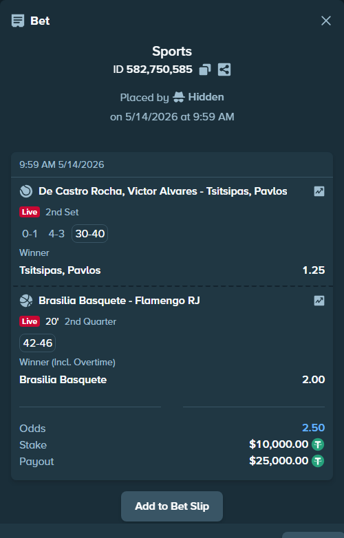 Bet slip: Brasilia Basquete - Flamengo RJ, $10,000.00 stake at 2.00 odds, placed by Hidden