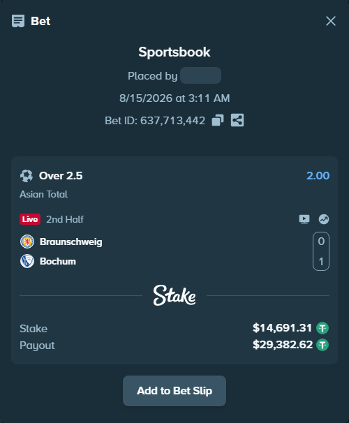 Bet slip: Braunschweig - Bochum, $14,706.00 stake at 2.00 odds, placed by tlwns4736