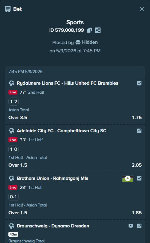 Bet slip: Braunschweig - Dynamo Dresden, $10,000.00 stake at 1.29 odds, placed by Hidden
