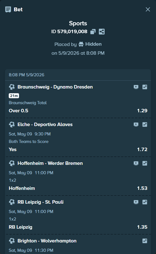Bet slip: Braunschweig - Dynamo Dresden, $45,000.00 stake at 1.29 odds, placed by Hidden