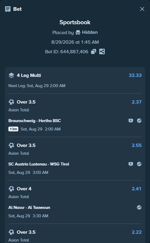 Bet slip: Braunschweig - Hertha BSC, $10,000.00 stake at 2.37 odds, placed by Hidden