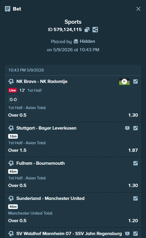 Bet slip: Bravo Ljubljana - NK Radomlje, $10,033.00 stake at 1.30 odds, placed by Hidden