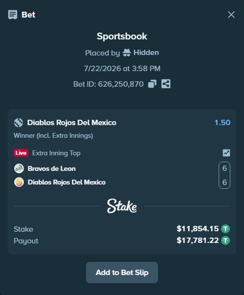 Bet slip: Bravos de Leon - Diablos Rojos Del Mexico, $11,866.00 stake at 1.50 odds, placed by Hidden