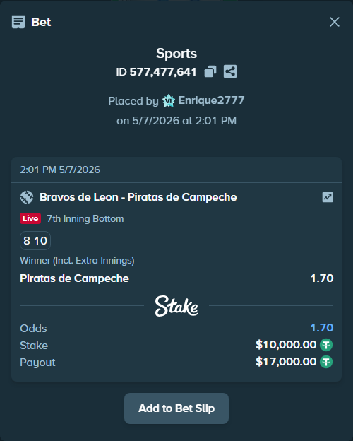 Bet slip: Bravos de Leon - Piratas de Campeche, $10,000.00 stake at 1.70 odds, placed by Enrique2777
