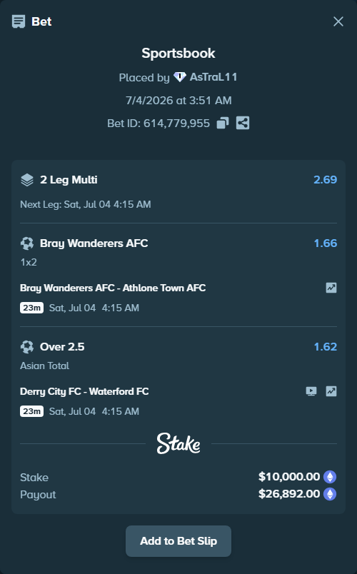 Bet slip: Bray Wanderers AFC - Athlone Town AFC, $10,326.37 stake at 1.66 odds, placed by AsTraL11