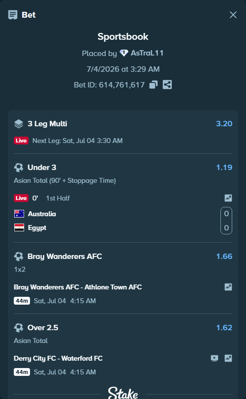 Bet slip: Bray Wanderers AFC - Athlone Town AFC, $15,015.00 stake at 1.66 odds, placed by AsTraL11
