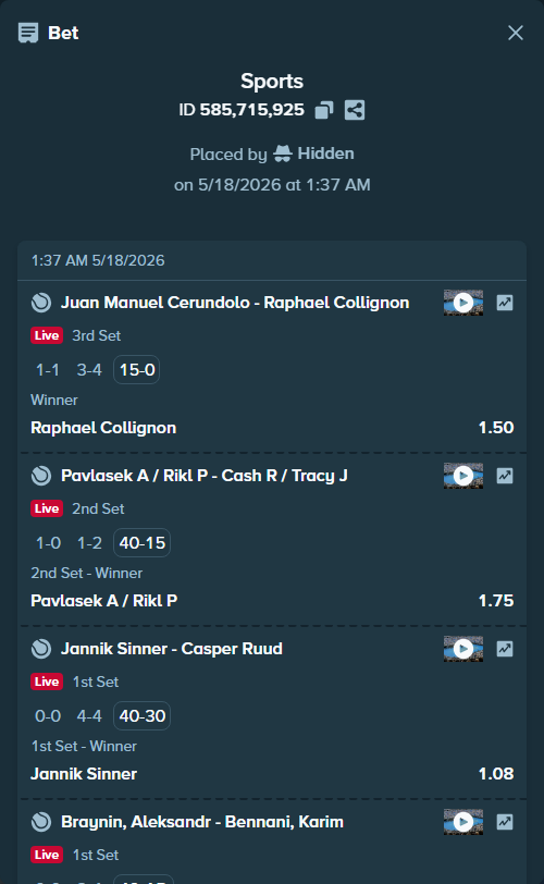 Bet slip: Braynin, Aleksandr - Bennani, Karim, $10,000.00 stake at 1.14 odds, placed by Hidden