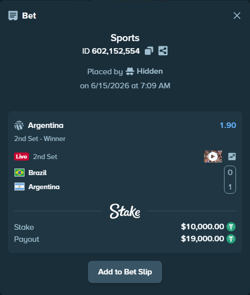 Bet slip: Brazil - Argentina, $10,010.00 stake at 1.90 odds, placed by Hidden