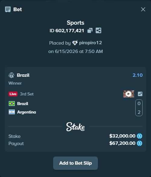 Bet slip: Brazil - Argentina, $32,000.00 stake at 2.10 odds, placed by piropiro12