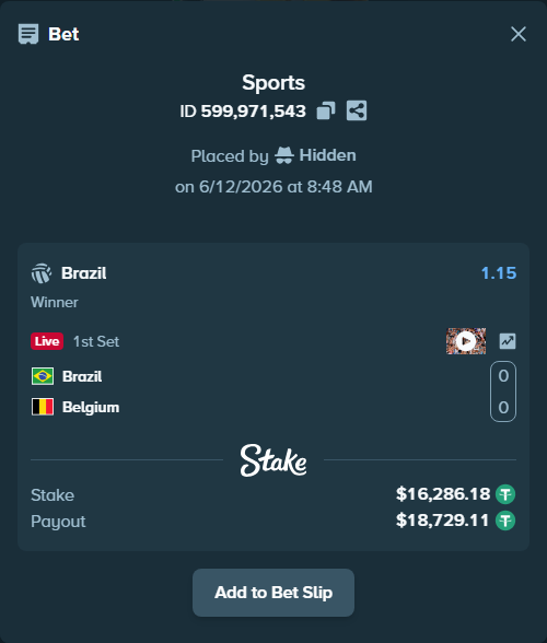 Bet slip: Brazil - Belgium, $16,302.47 stake at 1.15 odds, placed by Hidden