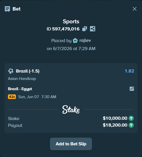 Bet slip: Brazil - Egypt, $10,000.00 stake at 1.82 odds, placed by rajlev
