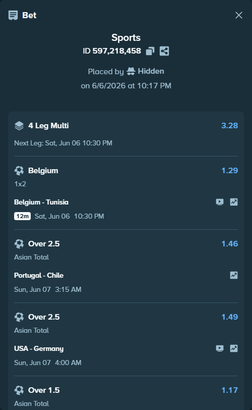 Bet slip: Brazil - Egypt, $20,000.00 stake at 1.17 odds, placed by Hidden