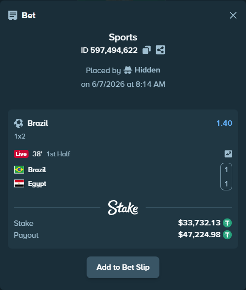 Bet slip: Brazil - Egypt, $33,732.13 stake at 1.40 odds, placed by Hidden