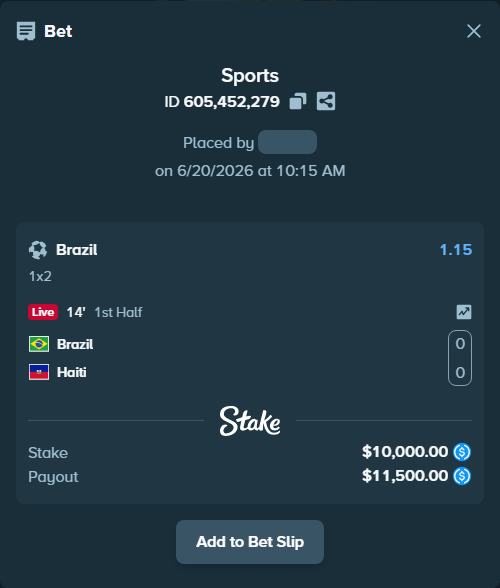 Bet slip: Brazil - Haiti, $10,000.00 stake at 1.15 odds, placed by Noahekse
