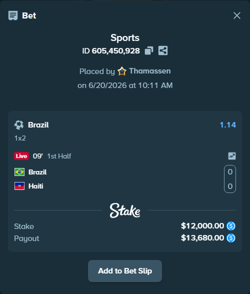 Bet slip: Brazil - Haiti, $12,000.00 stake at 1.14 odds, placed by Thamassen