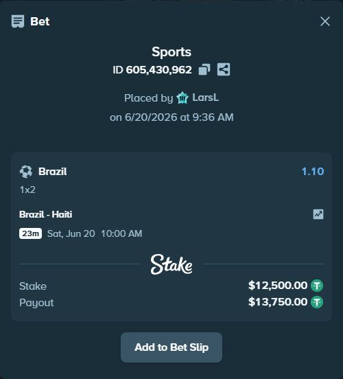 Bet slip: Brazil - Haiti, $12,512.50 stake at 1.10 odds, placed by LarsL