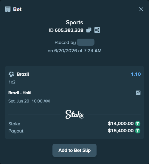 Bet slip: Brazil - Haiti, $14,014.00 stake at 1.10 odds, placed by Honestpeople32