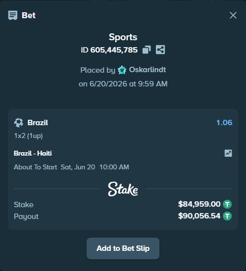 Bet slip: Brazil - Haiti, $85,043.96 stake at 1.06 odds, placed by Oskarlindt