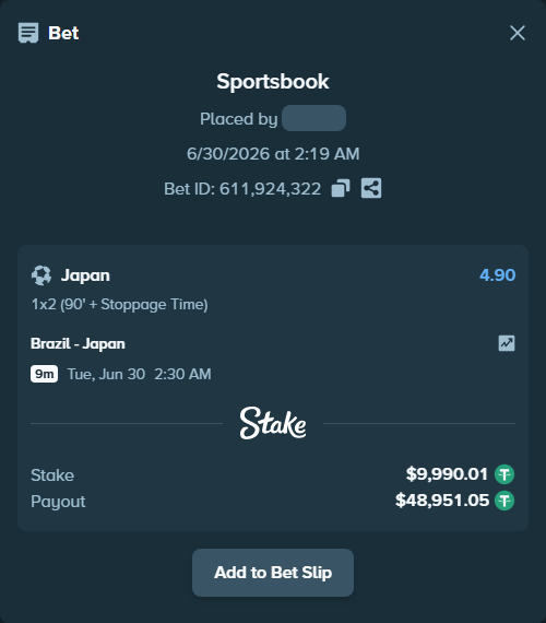 Bet slip: Brazil - Japan, $10,000.00 stake at 4.90 odds, placed by Champjoll