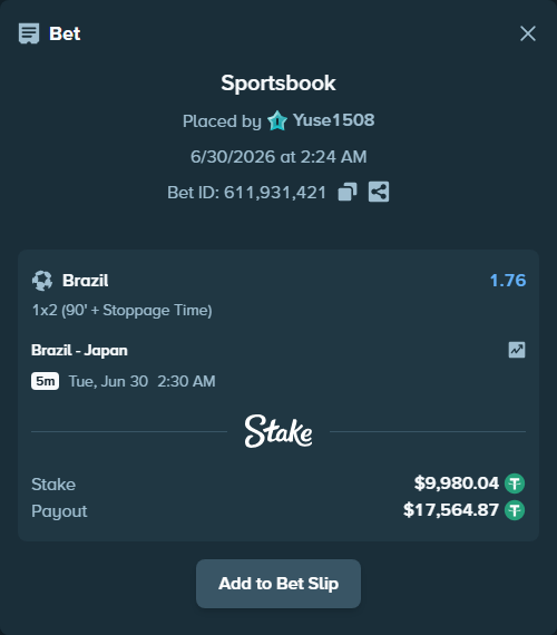 Bet slip: Brazil - Japan, $10,000.00 stake at 1.76 odds, placed by Yuse1508