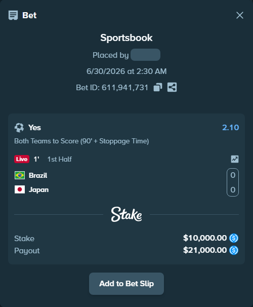 Bet slip: Brazil - Japan, $10,000.00 stake at 2.10 odds, placed by bappuji668