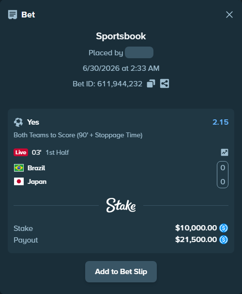 Bet slip: Brazil - Japan, $10,000.00 stake at 2.15 odds, placed by bappuji668
