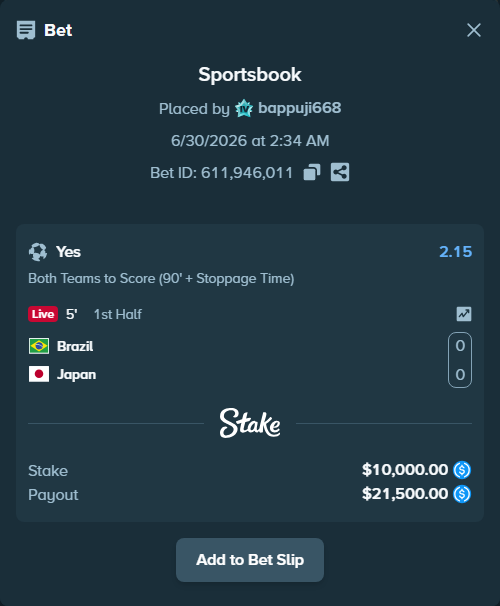 Bet slip: Brazil - Japan, $10,000.00 stake at 2.15 odds, placed by bappuji668